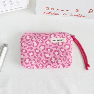 Pink leopard print zipper coin purse with wrist strap, cute portable mini wallet makeup pouch.