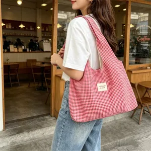 Casual red white plaid tote bag canvas shoulder bag large capacity daily commuting bag