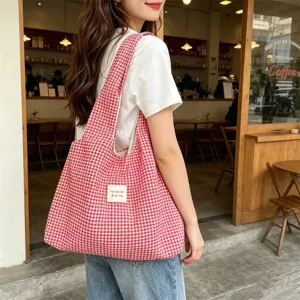 Casual red white plaid tote bag for women large capacity shoulder bag daily commuting aesthetic.