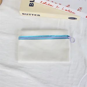 Simple white canvas pencil case with blue stripe and purple zipper for daily use and school bag