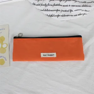 Einfarbig Nylon Reißverschluss Make-up Pinsel Tasche Tragbar Schüler Federmäppchen Orange