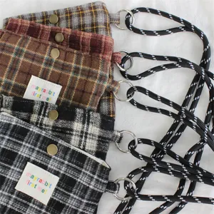 Retro woolen plaid mini crossbody bag details, portable phone pouch with lanyard.