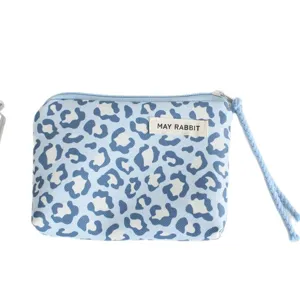 Blue leopard print zipper coin purse with wrist strap and cute tag. Portable compact bag.