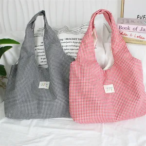 Canvas plaid tote bag casual retro shoulder bag large capacity daily commuter handbag.