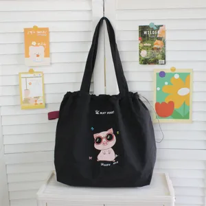 Lindo bolso tote de lona con bordado de cerdo con gafas, bolso de hombro casual con cordón.