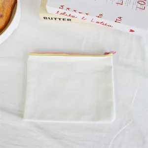 White canvas zipper pouch detail, minimalist portable pencil case and cute coin purse.