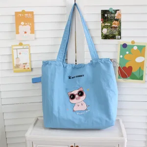 Bolso tote de lona azul con bordado de cerdo lindo, bolso de hombro de gran capacidad diario.