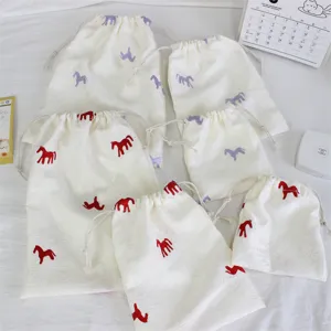 Korean style cute embroidered pony drawstring storage bag for travel cosmetics dust proof pouch