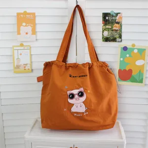 Bolso tote cordón lona cerdo bordado gafas bonito, gran bolso de hombro diario para estudiantes.