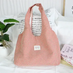 Red white gingham tote bag casual sweet shoulder shopper bag large capacity daily commuting bag