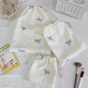 Korean style cute embroidered pony drawstring storage bags, portable travel organizer pouches.
