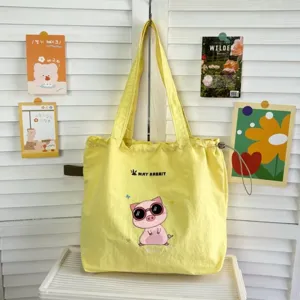 Bolso Tote de Lona Amarilla Cerdo de Dibujos Animados Bordado Cordón Hombro