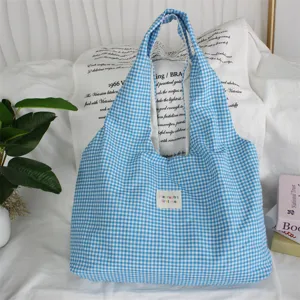 Casual blue plaid canvas tote bag, stylish large capacity daily shoulder shopping bag.