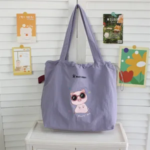 Bolso Tote Morado con Cordon Bordado Cerdo Lindo Bolso de Hombro Casual Estudiante