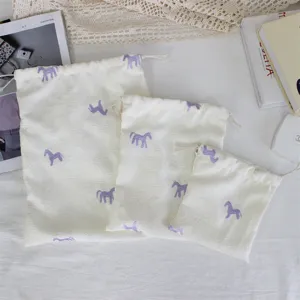 Korean minimalist embroidered horse drawstring storage bag set for travel cosmetics dust proof