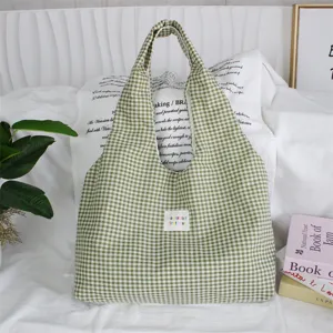 Green and white gingham shoulder tote bag, casual large capacity daily canvas handbag for women.