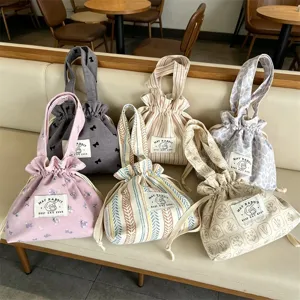 Sac à Main en Toile de Coton Imprimé Floral avec Cordon de Serrage Mini Sac de Rangement Portable Petit Sac Fourre-tout Femme