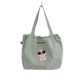 Bolso tote de lona verde con bordado de cerdo de dibujos animados, bolso casual.