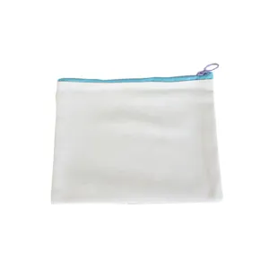 Simple white canvas pencil case with blue zipper, portable blank DIY makeup storage pouch.