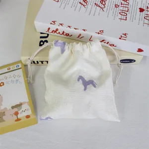 Korean minimalist embroidered pony drawstring pouch, cute portable makeup storage bag.
