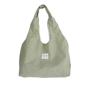 Green gingham shoulder tote bag, casual large capacity lazy style daily commuting bag.