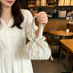 Joli sac à main cordon en toile, mini poche rayée mignonne, pochette de rangement portable.