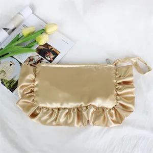 Elegante bolso de mano de satén dorado con volantes, bolso de maquillaje de noche plisado.