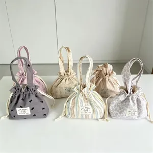 Sac a main en toile avec cordon mignonne pochette imprimee sac de rangement portable quotidien.