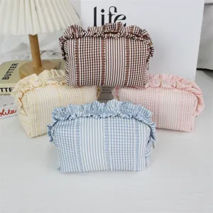 Koreaanse Stijl Rüschenrand Geplooid Polyester Penetui Gestreept Kariert Grote Capaciteit Make-up Tas Draagbare Opslagtas Voor School Reizen Unisex