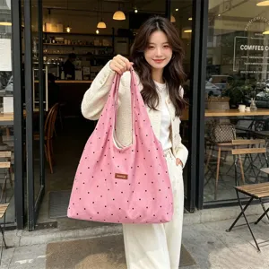 Pink corduroy polka dot tote bag, stylish large capacity casual shoulder bag for women.