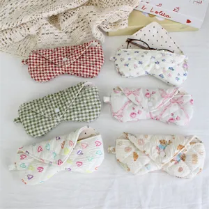 Quilted fabric triangle glasses case set, cute foldable storage pouch with snap button.
