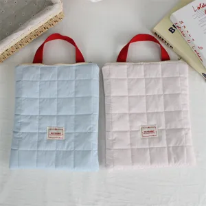 Quilted laptop sleeve portable tablet storage bag soft notebook carrying case with red handle