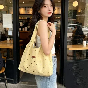 Vintage corduroy polka dot shoulder bag, large capacity casual commuting tote bag.