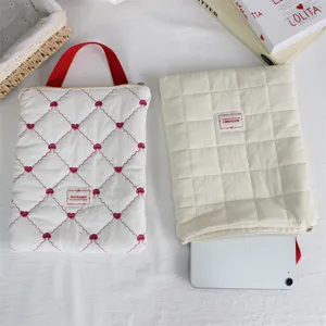Quilted laptop sleeve padded tablet bag soft portable travel protective storage case cute pink heart