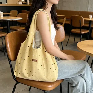 Vintage corduroy polka dot shoulder bag women large capacity daily commuting tote bag