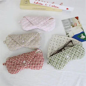 Quilted plaid glasses pouch, cute fabric storage bag with snap button, detailed view.