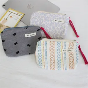 Mini Leinen Münztasche mit Handschlaufe süßer Beutel Make-up Lippenstift Kopfhörer Tasche