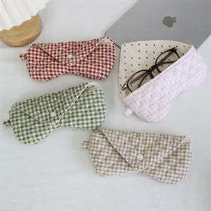 Quilted plaid glasses case set, cute handmade fabric pouch with snap closure and hanging loop.