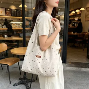 Vintage suede polka dot tote bag, casual daily minimalist shoulder bag for women.