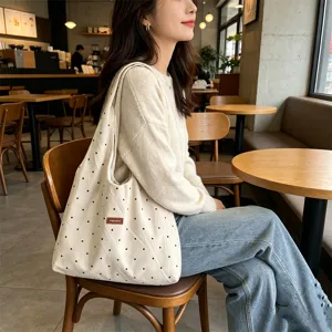 Retro polka dot canvas tote bag for women, large capacity casual bag, stylish handbag.