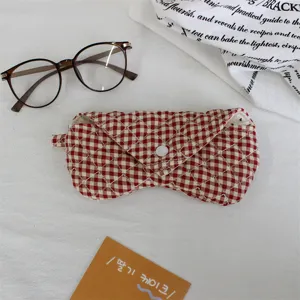 Soft quilted plaid glasses case, portable padded sunglasses storage bag with snap button.