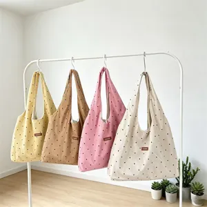 Vintage corduroy polka dot tote bag, large capacity casual shoulder bag for women daily commute.