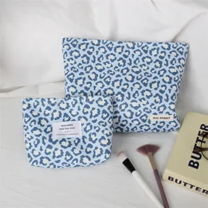Set de trousses de maquillage léopard bleu, pochette esthétique rétro avec rangement portable.