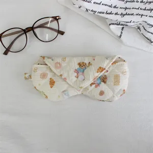 Soft quilted glasses case with cute bear pattern, portable padded sunglasses pouch, protective.