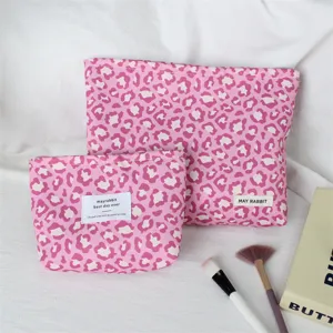 Joli ensemble de trousses de maquillage léopard rose, pochette de rangement rétro.