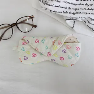 Quilted heart glasses case, white portable sunglasses protective pouch soft storage.