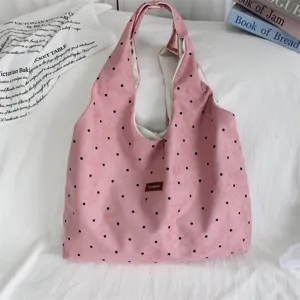 Vintage suede polka dot tote bag for women, large capacity casual single shoulder handbag.