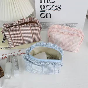 Koreaanse stijl geruite cosmetische tas met volants, schattige stoffen make-up etui en organizer.