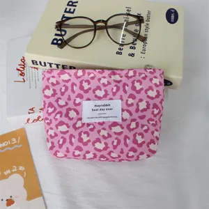 Sac cosmetique imprimé leopard rose style vintage trousse de maquillage portable.