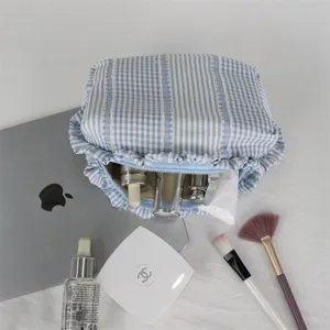 Koreaanse stijl blauw ruitjes make-up tas met volants, grote stoffen cosmetische opbergtas.